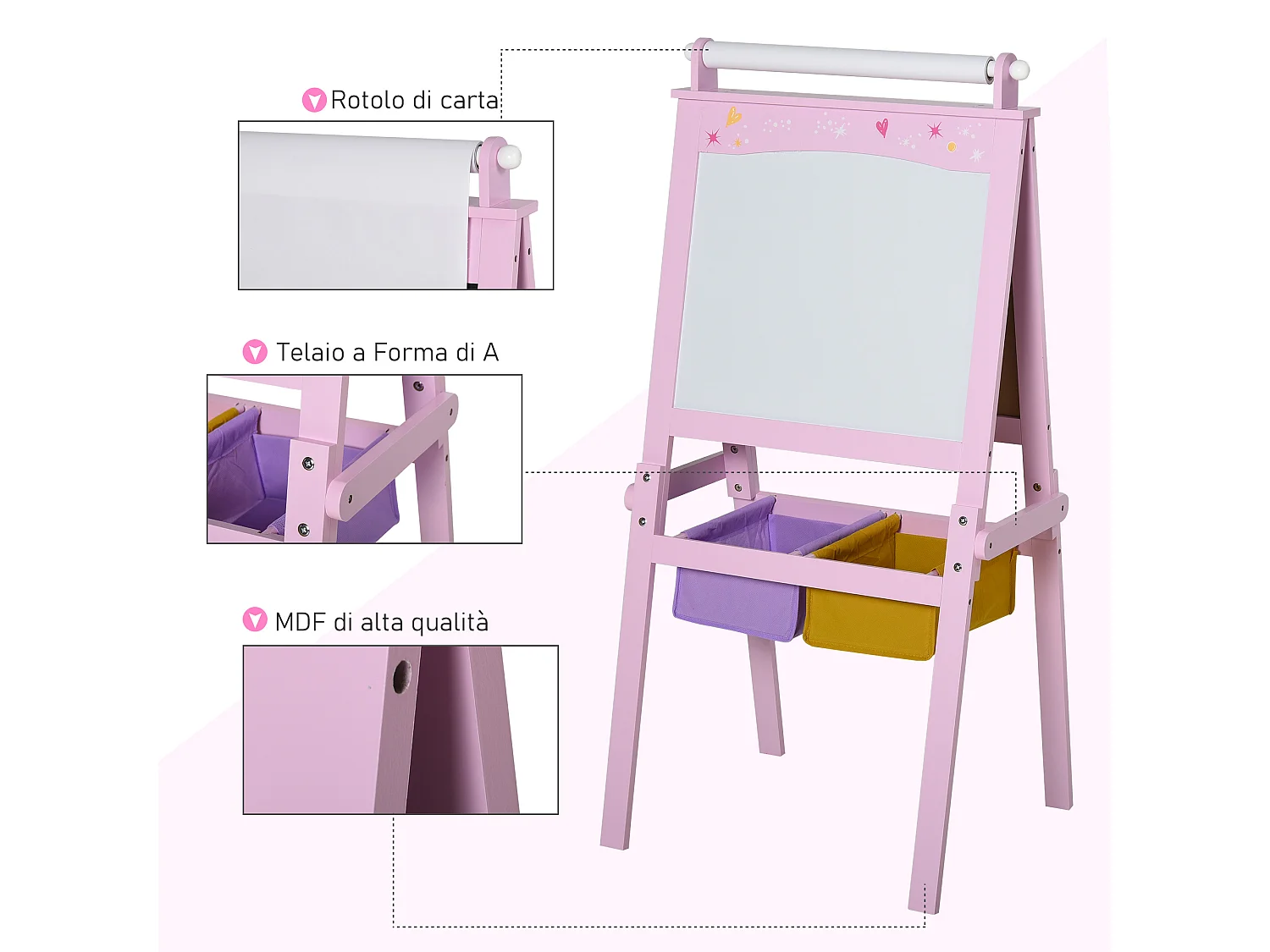 Lavagnetta per bambini in legno rosa con cavalletto 3 in 1 mdf rosa