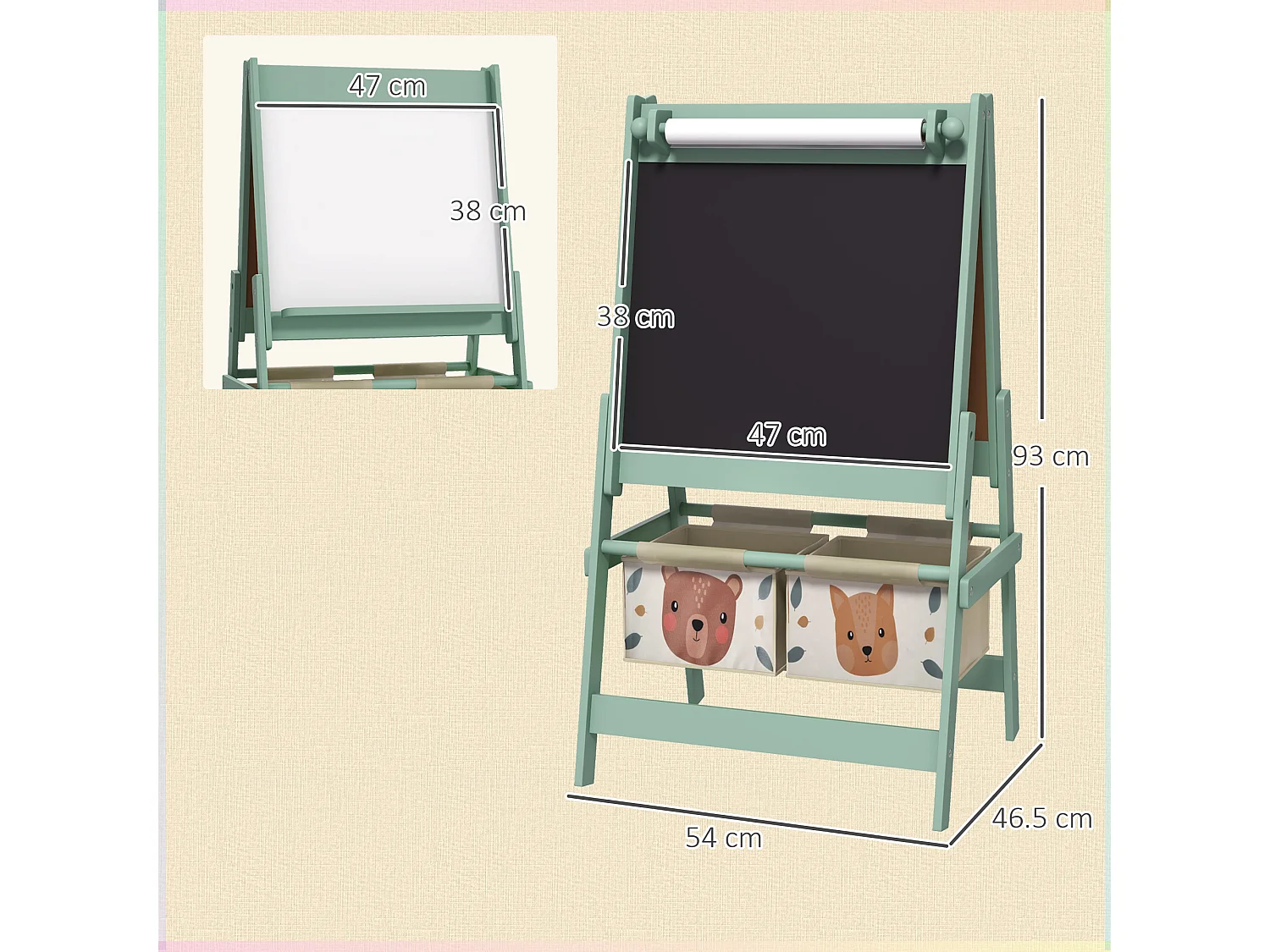 Lavagna per bambini con cavalletto e 2 contenitori verde