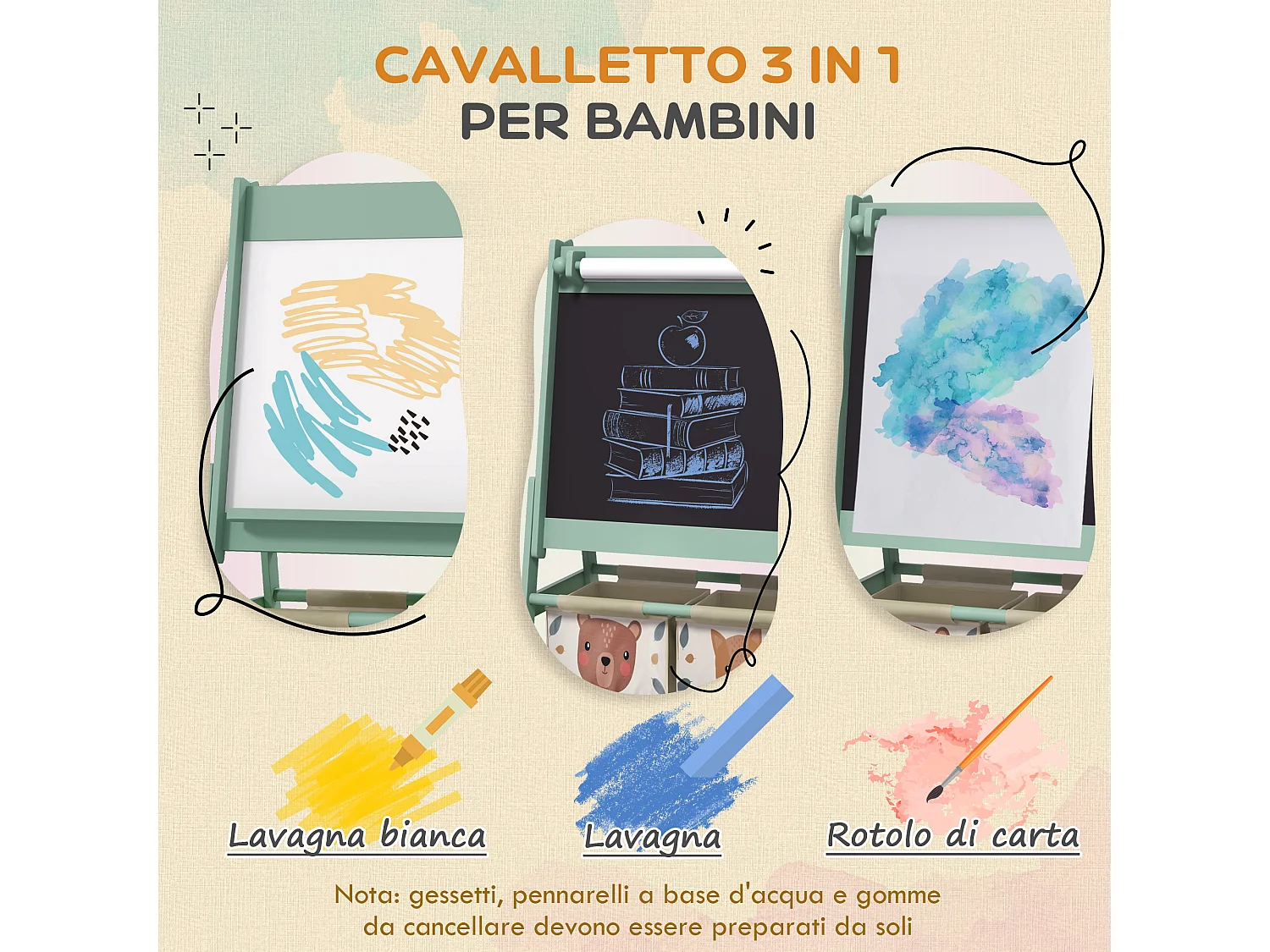 Lavagna per bambini con cavalletto e 2 contenitori verde