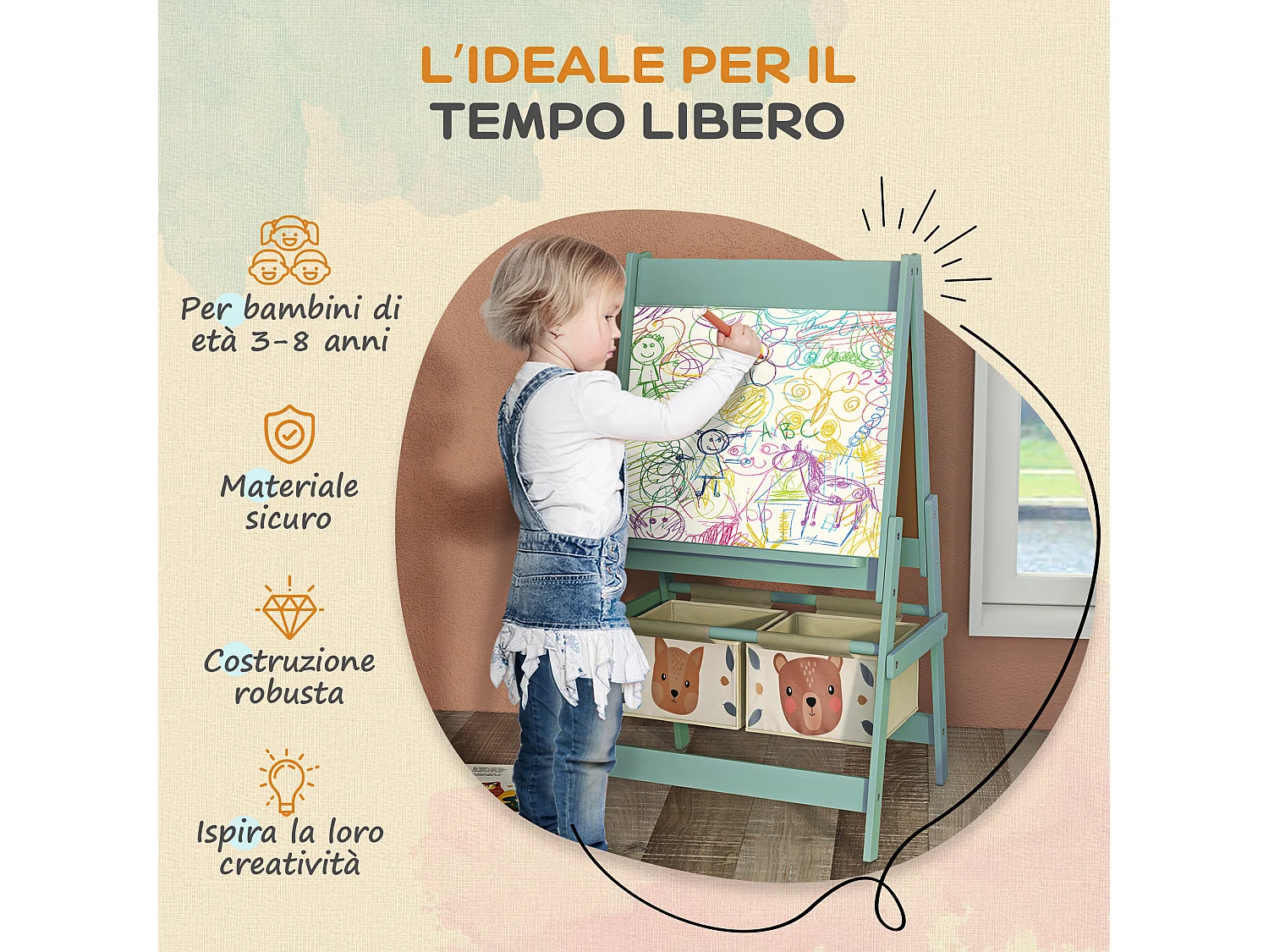 Lavagna per bambini con cavalletto e 2 contenitori verde