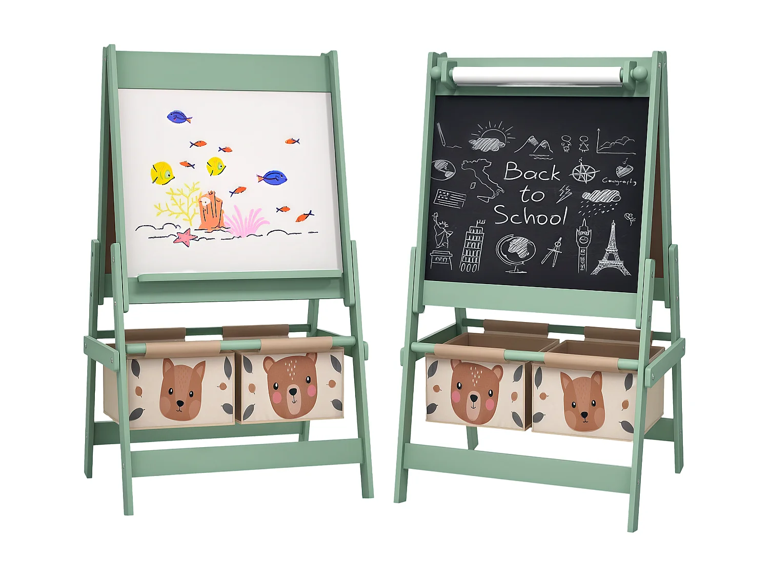 Lavagna per bambini con cavalletto e 2 contenitori verde