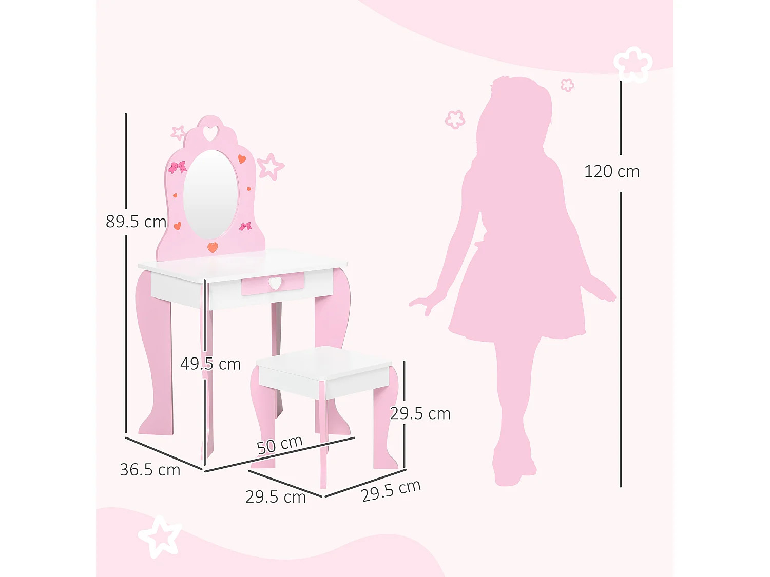 Set tavolo trucco con sgabello e specchio in mdf età 3-6 anni