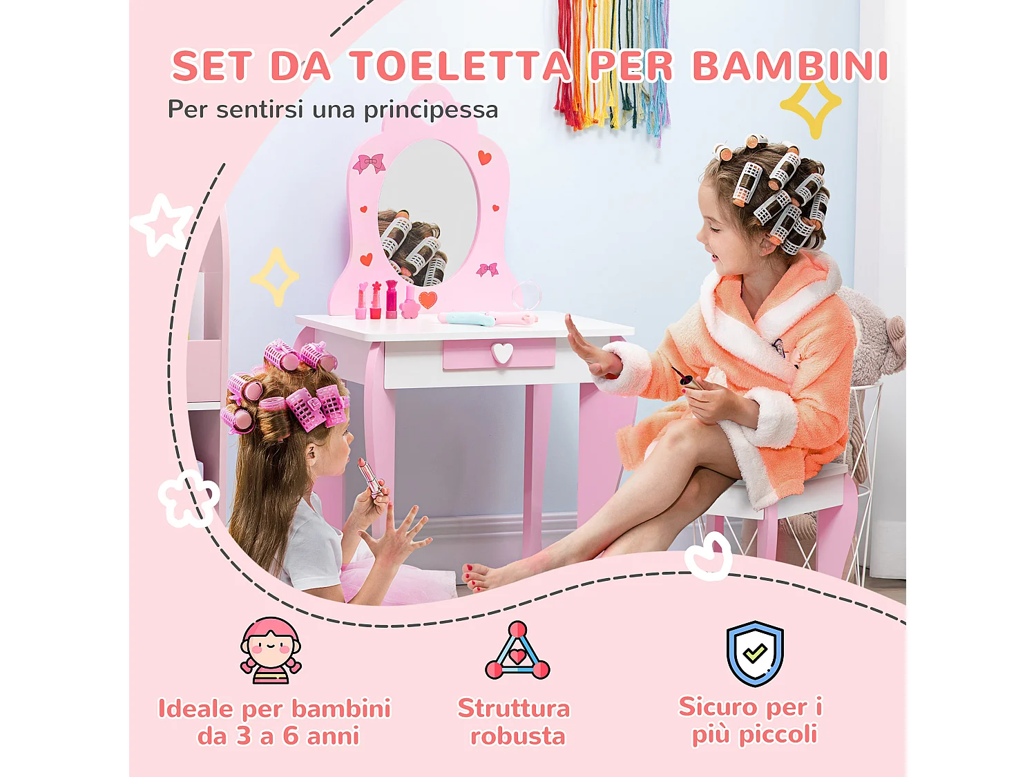 Set tavolo trucco con sgabello e specchio in mdf età 3-6 anni