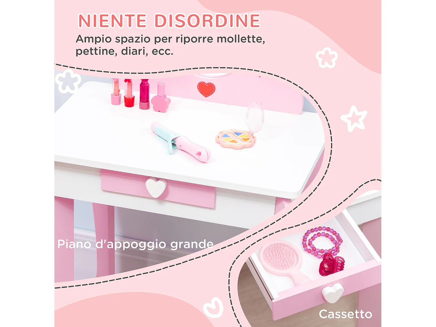Set tavolo trucco con sgabello e specchio in mdf età 3-6 anni