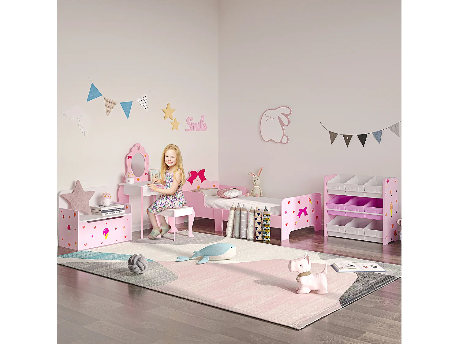 Set tavolo trucco con sgabello e specchio in mdf età 3-6 anni