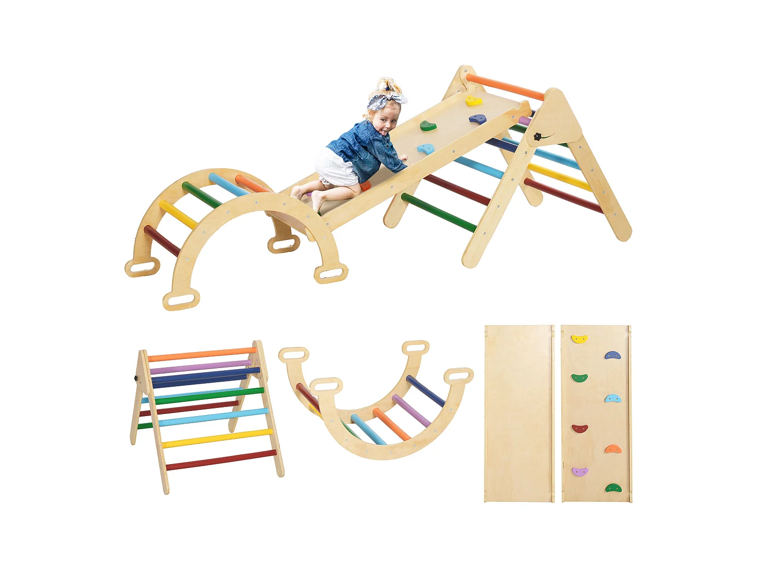 Gioco per bambini con triangolo arco da arrampicata e rampa con pietre