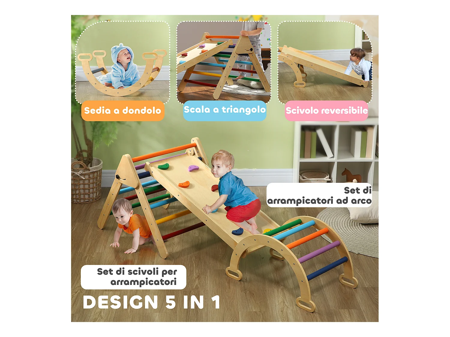 Gioco per bambini con triangolo arco da arrampicata e rampa con pietre