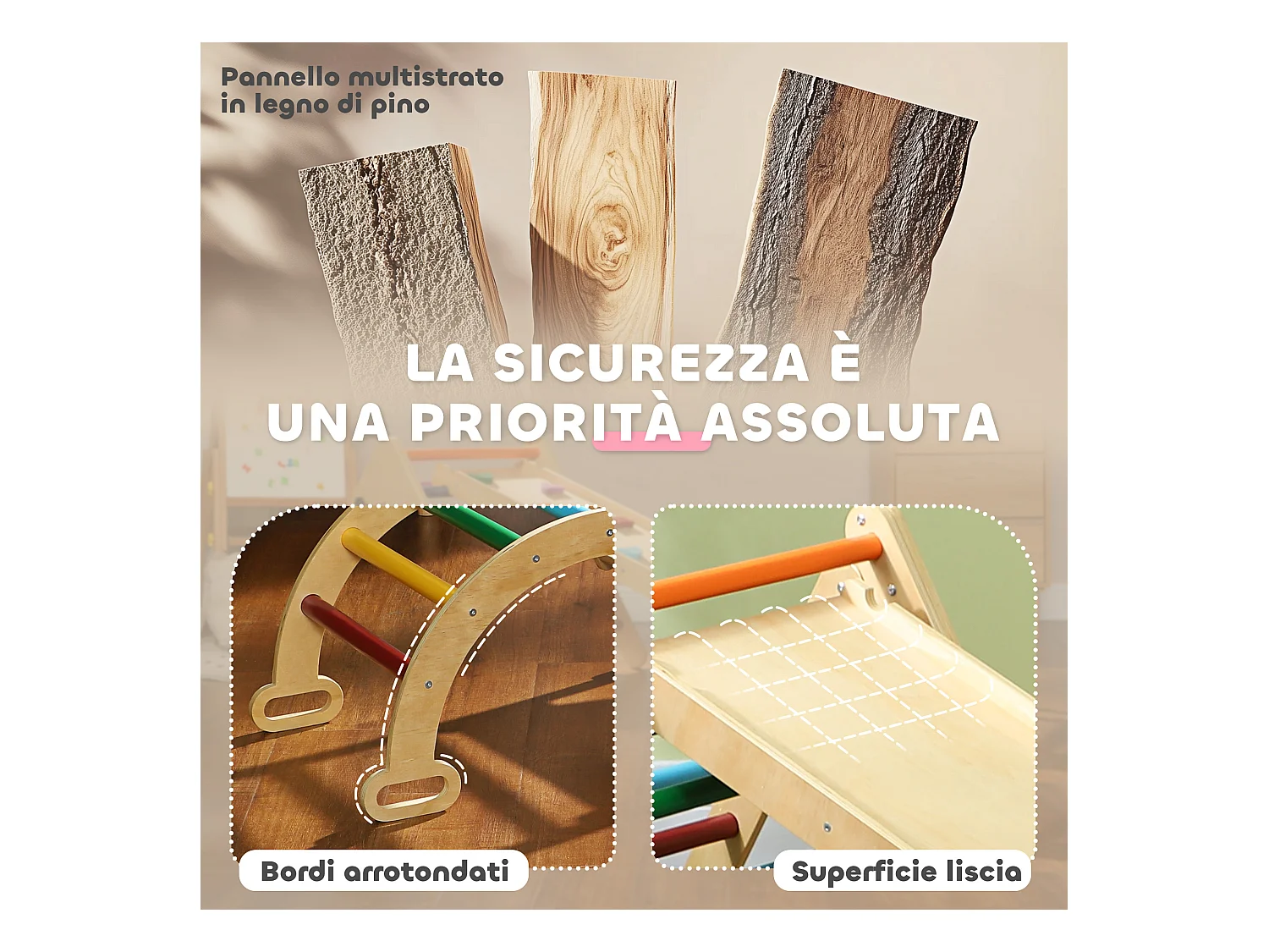 Gioco per bambini con triangolo arco da arrampicata e rampa con pietre