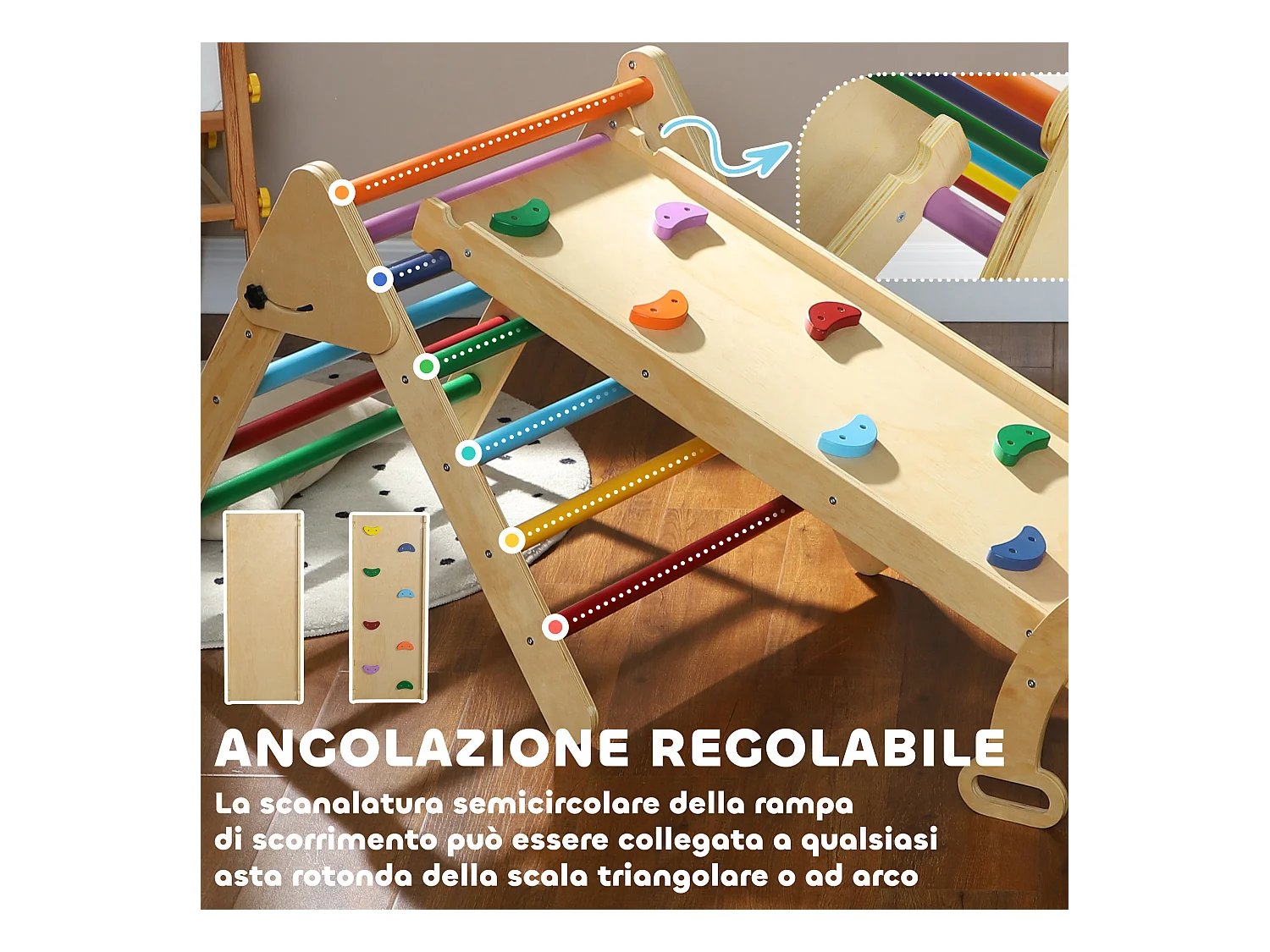 Gioco per bambini con triangolo arco da arrampicata e rampa con pietre