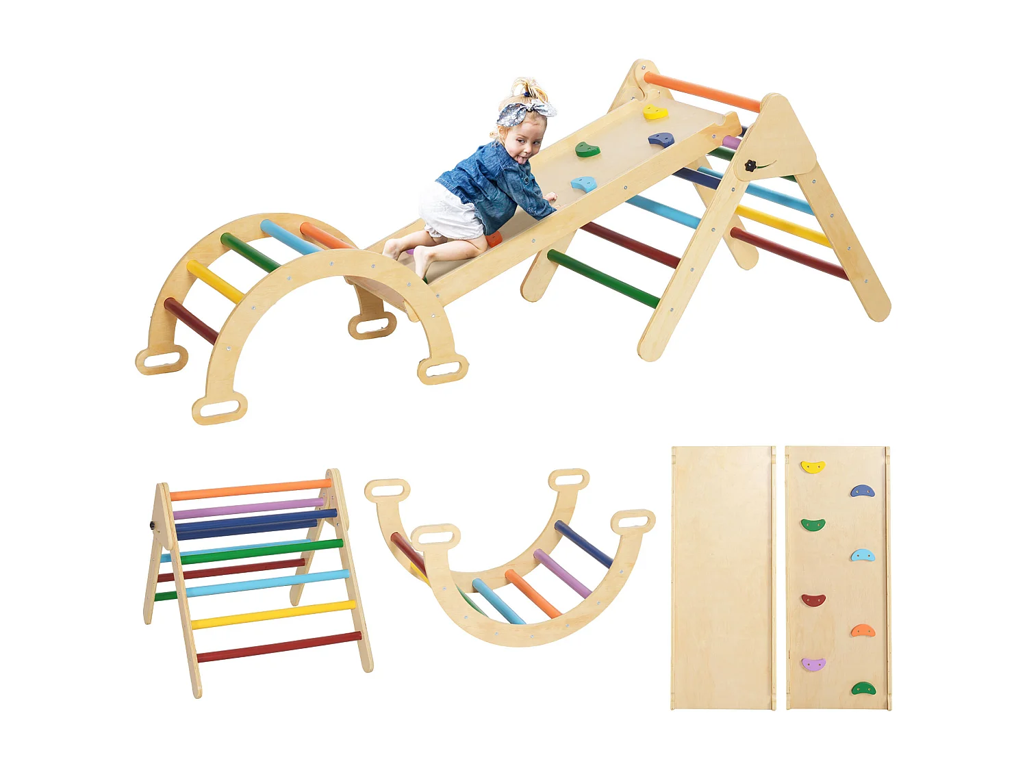 Gioco per bambini con triangolo arco da arrampicata e rampa con pietre