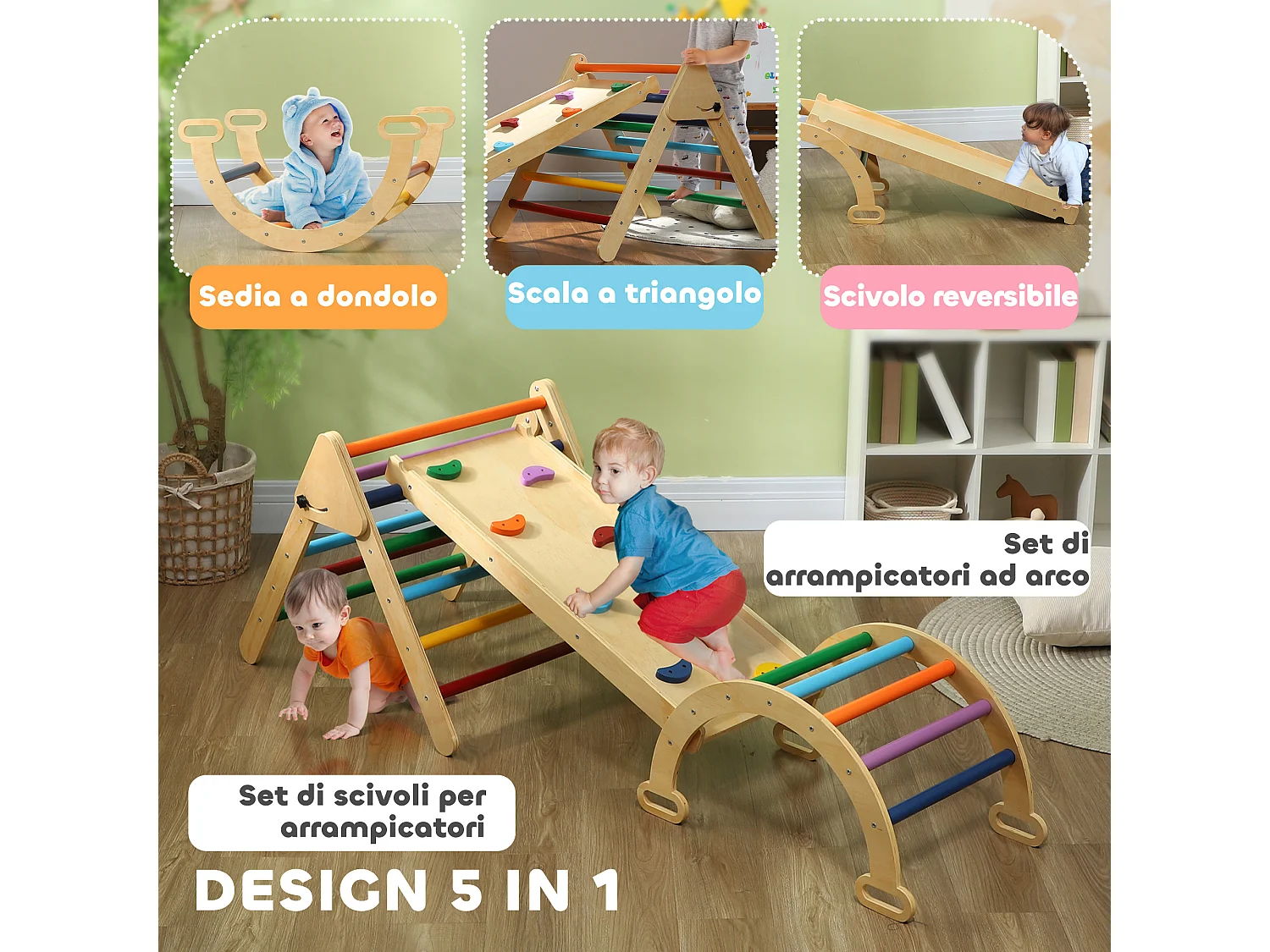 Gioco per bambini con triangolo arco da arrampicata e rampa con pietre