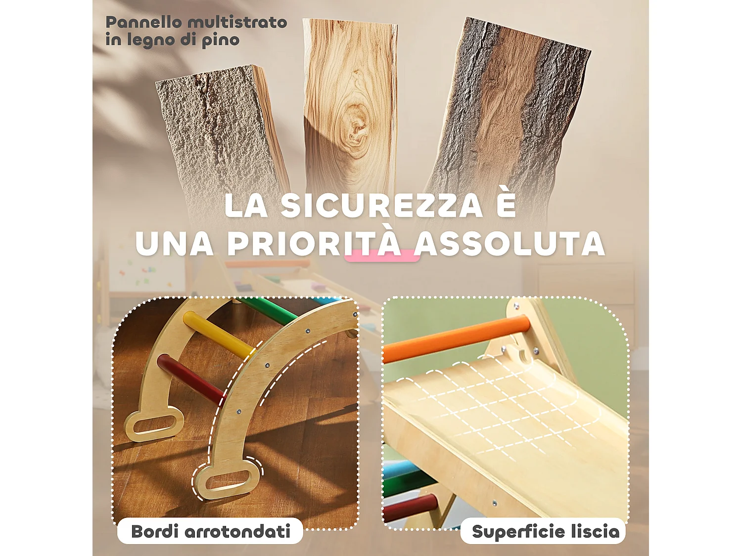 Gioco per bambini con triangolo arco da arrampicata e rampa con pietre