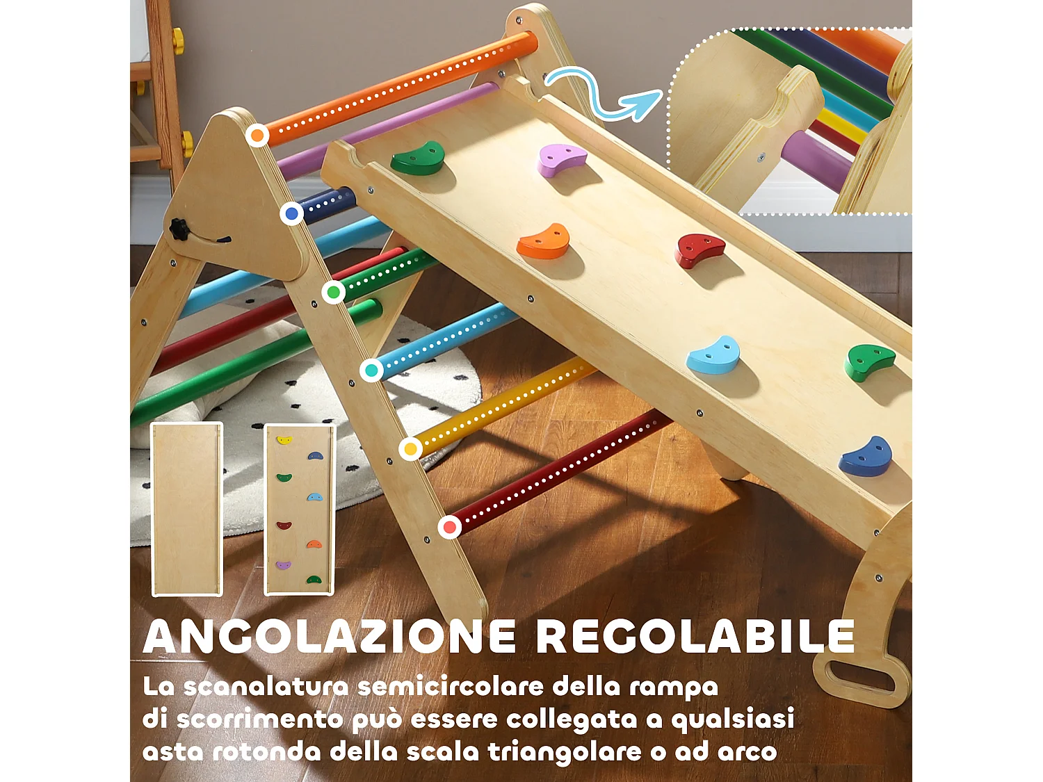 Gioco per bambini con triangolo arco da arrampicata e rampa con pietre