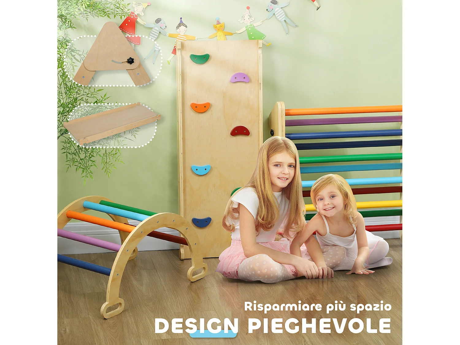 Gioco per bambini con triangolo arco da arrampicata e rampa con pietre