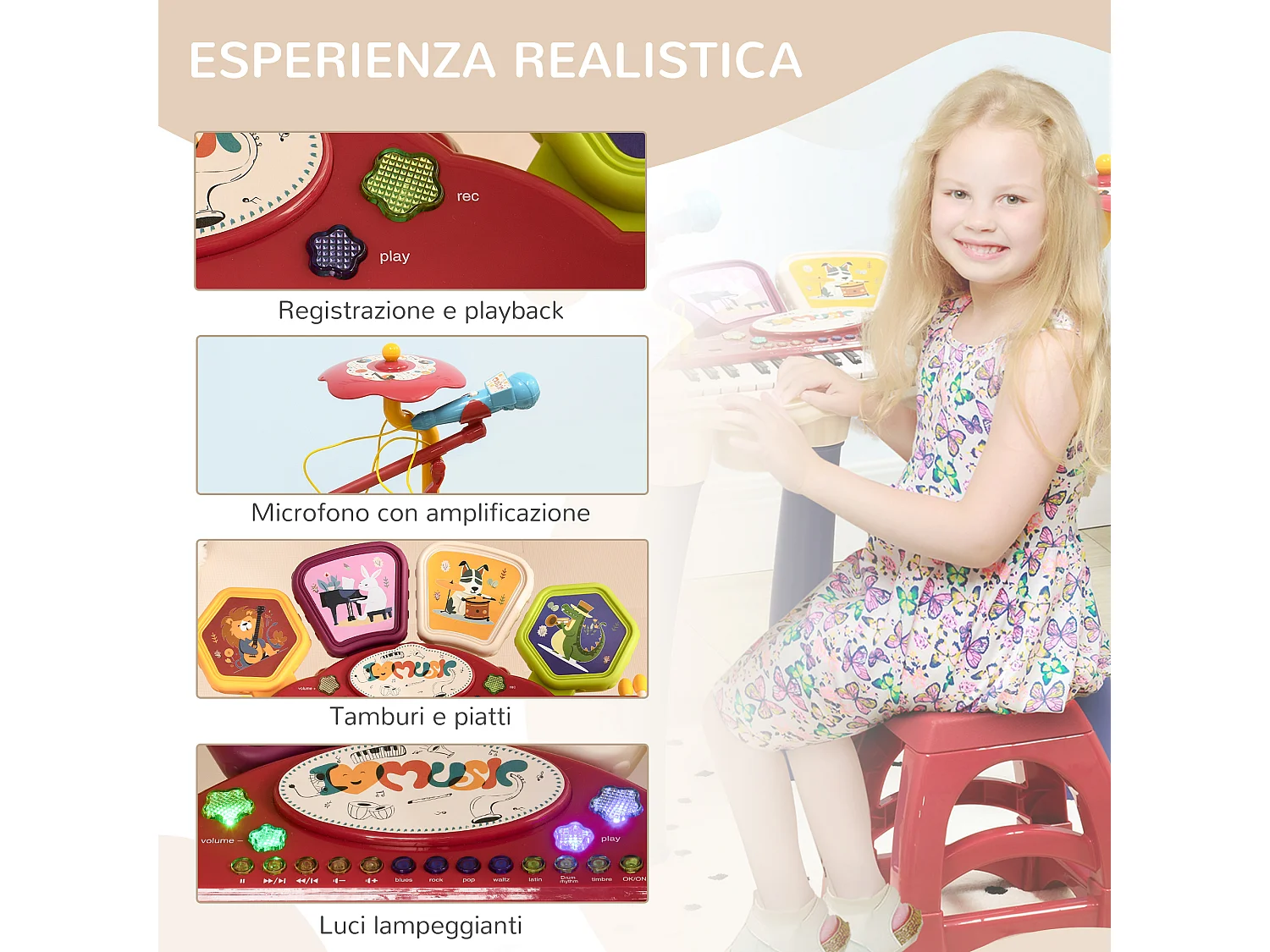Pianola per bambini con sgabello microfono e tamburo
