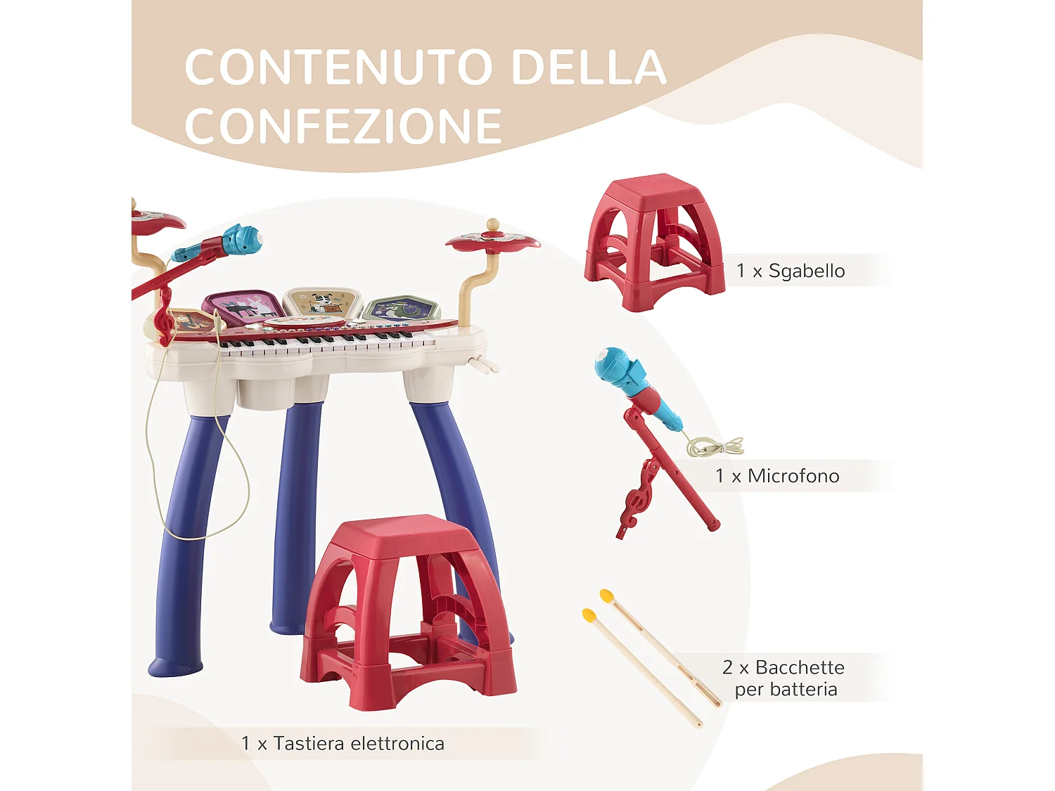 Pianola per bambini con sgabello microfono e tamburo