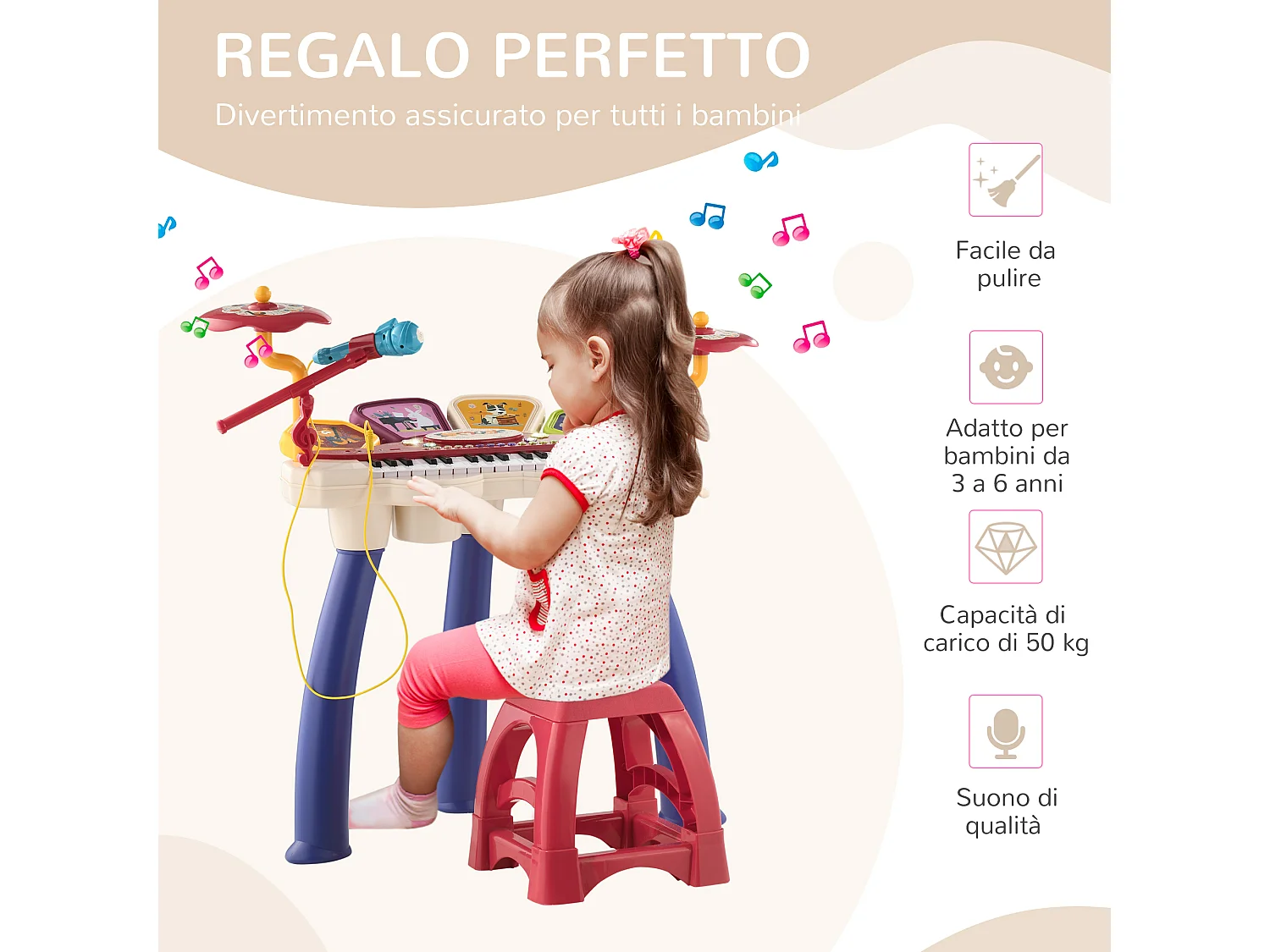 Pianola per bambini con sgabello microfono e tamburo