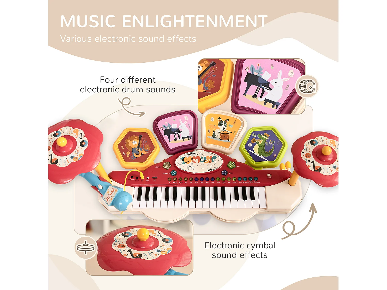 Pianola per bambini con sgabello microfono e tamburo