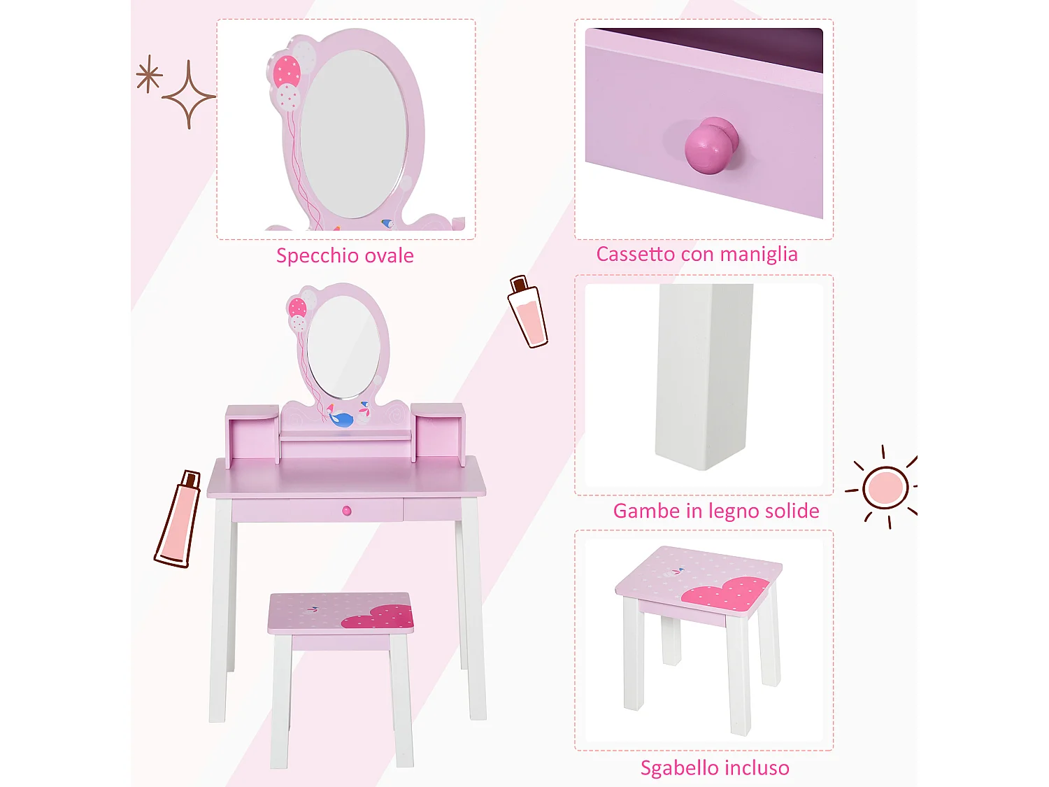 Toeletta per bambine set tavolo da trucco giocattolo in legno rosa