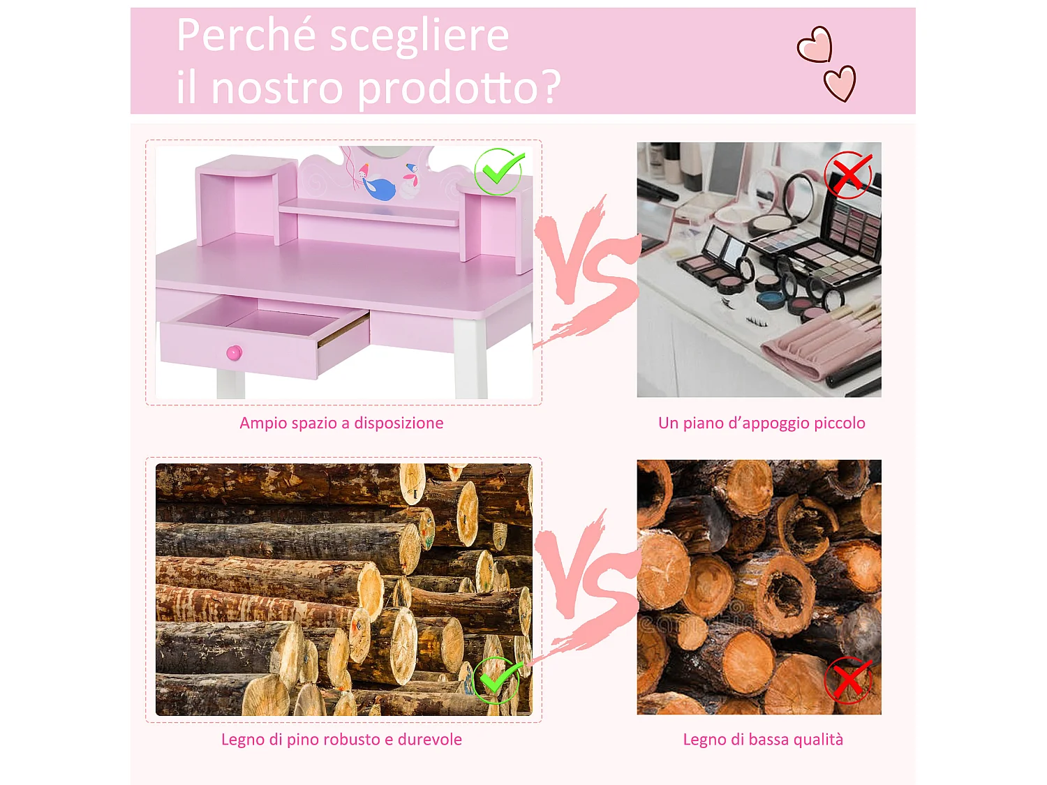Toeletta per bambine set tavolo da trucco giocattolo in legno rosa