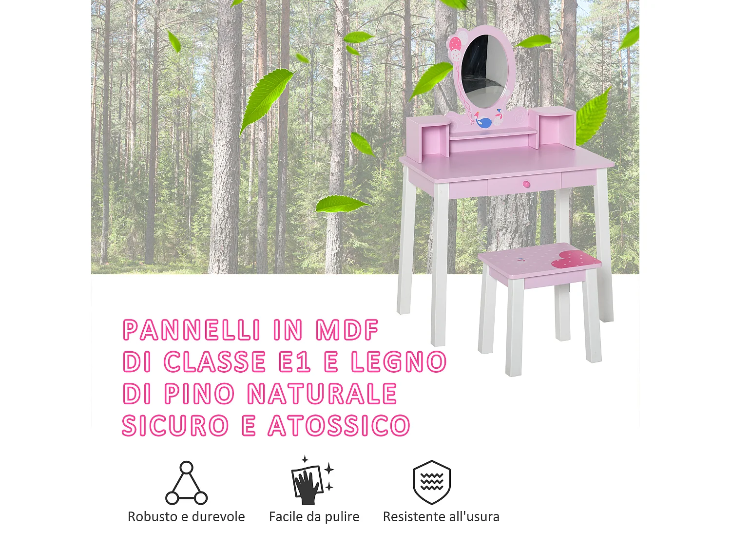 Toeletta per bambine set tavolo da trucco giocattolo in legno rosa