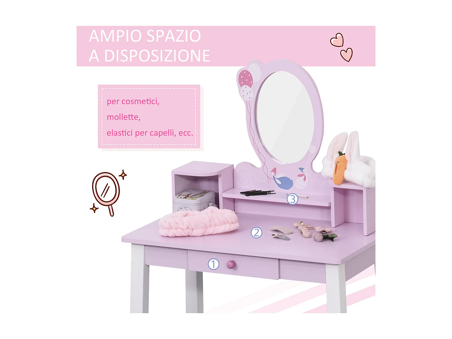 Toeletta per bambine set tavolo da trucco giocattolo in legno rosa