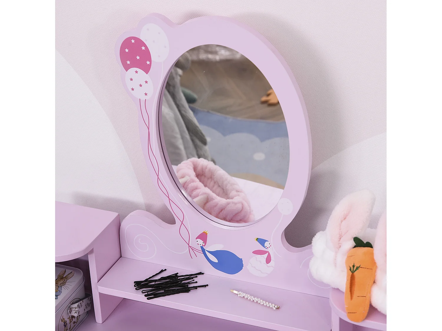 Toeletta per bambine set tavolo da trucco giocattolo in legno rosa