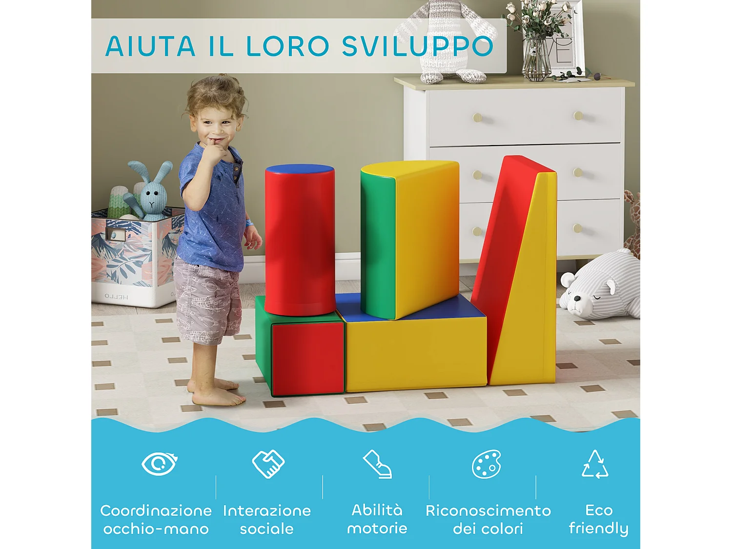 Set costruzioni morbide per bimbi piccoli con 5 blocchi multicolore