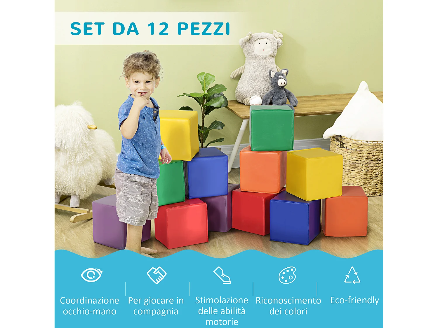 Set 12 cubi morbidi gioco per bambini educativo età 12-36 mesi