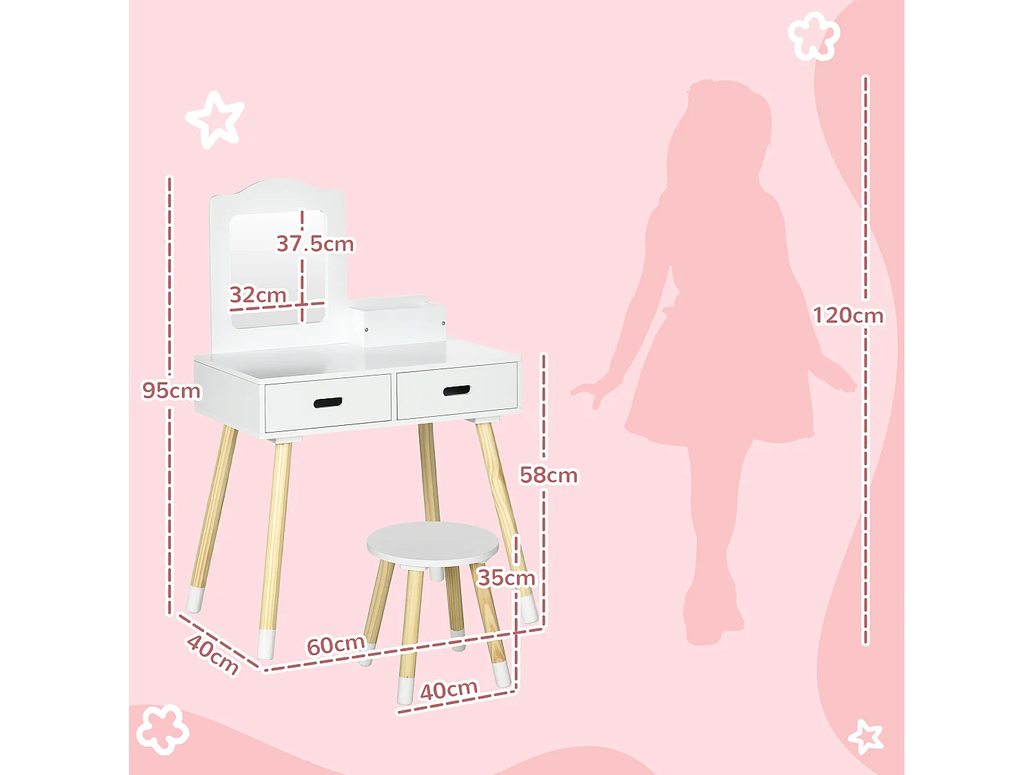 Tavolo trucco per bambini con sgabello specchio e cassetti bianco