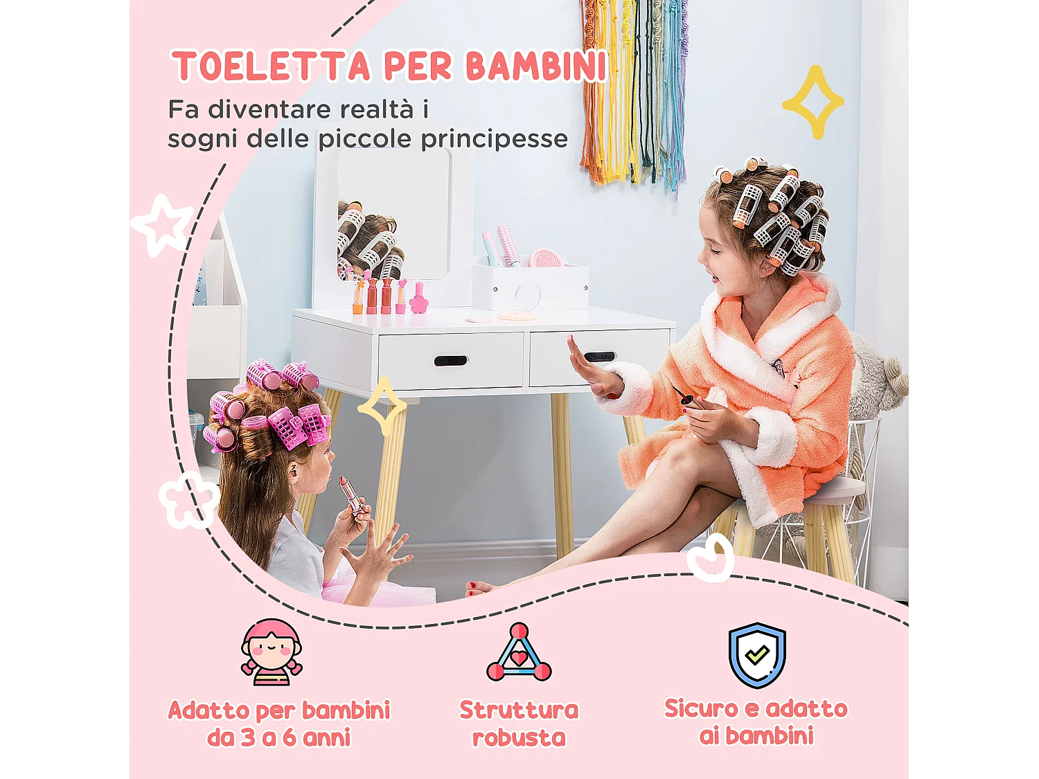 Tavolo trucco per bambini con sgabello specchio e cassetti bianco