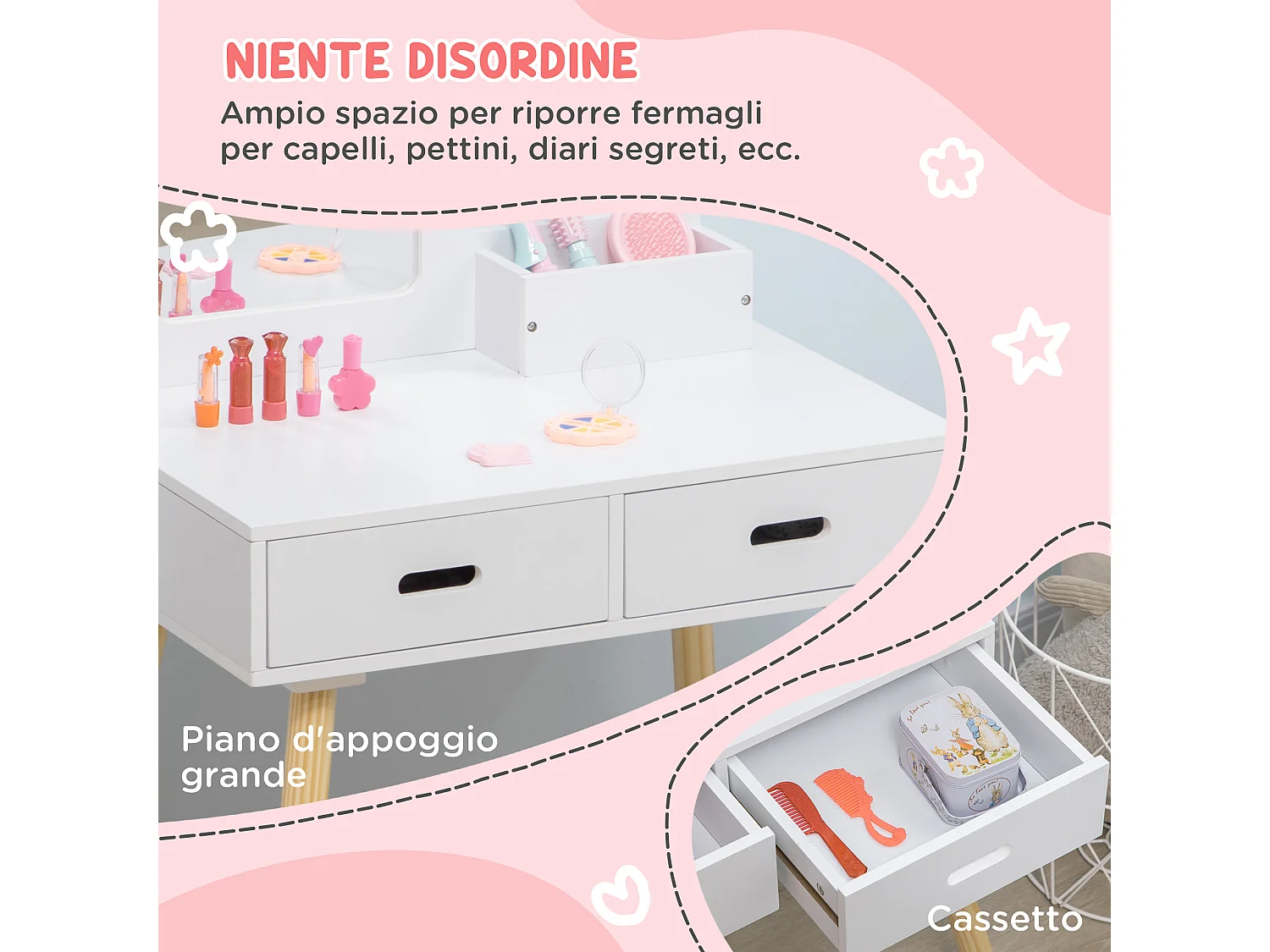Tavolo trucco per bambini con sgabello specchio e cassetti bianco