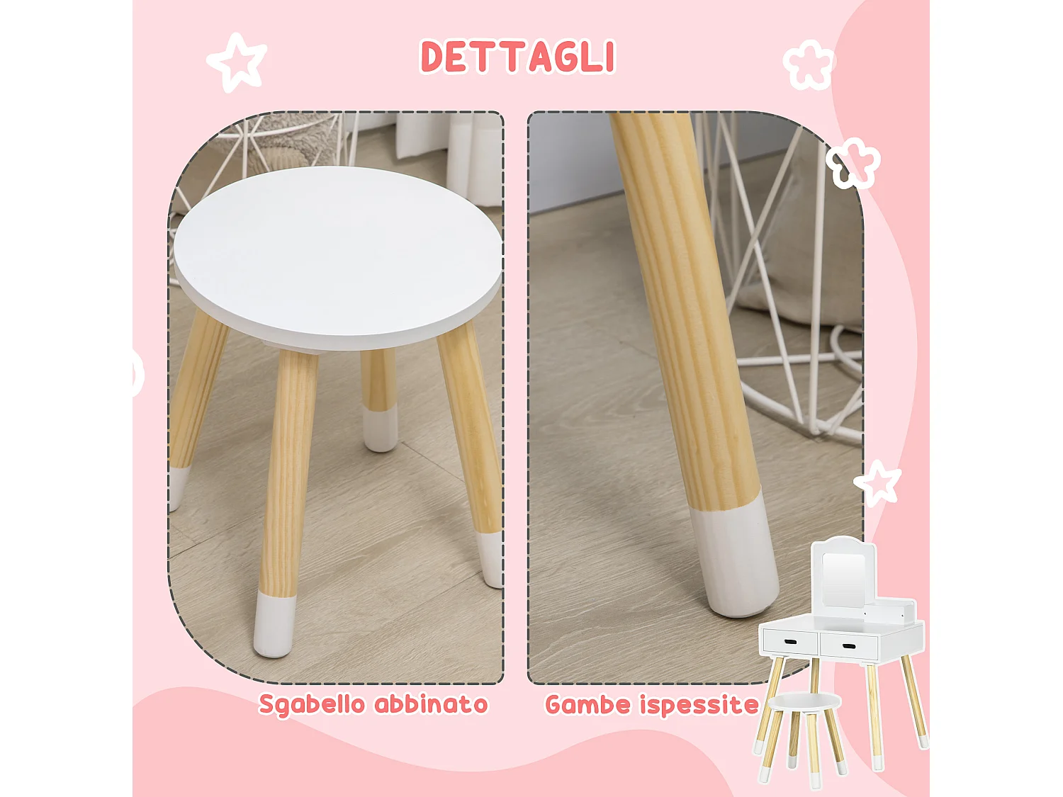 Tavolo trucco per bambini con sgabello specchio e cassetti bianco