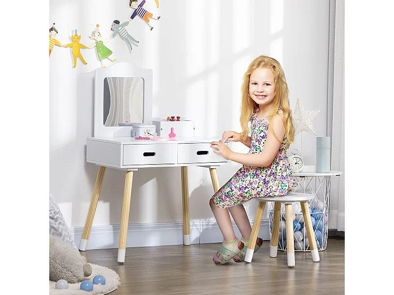 Tavolo trucco per bambini con sgabello specchio e cassetti bianco