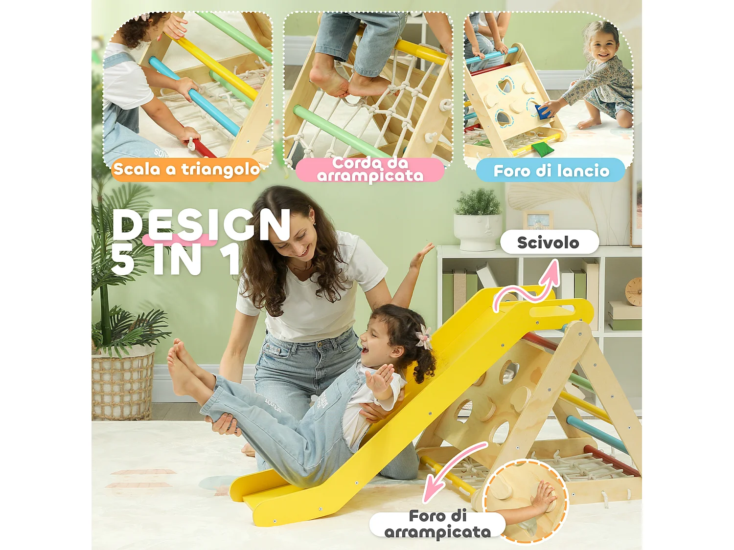 Gioco per bambini con triangolo montessori 5 in 1 in legno di pino