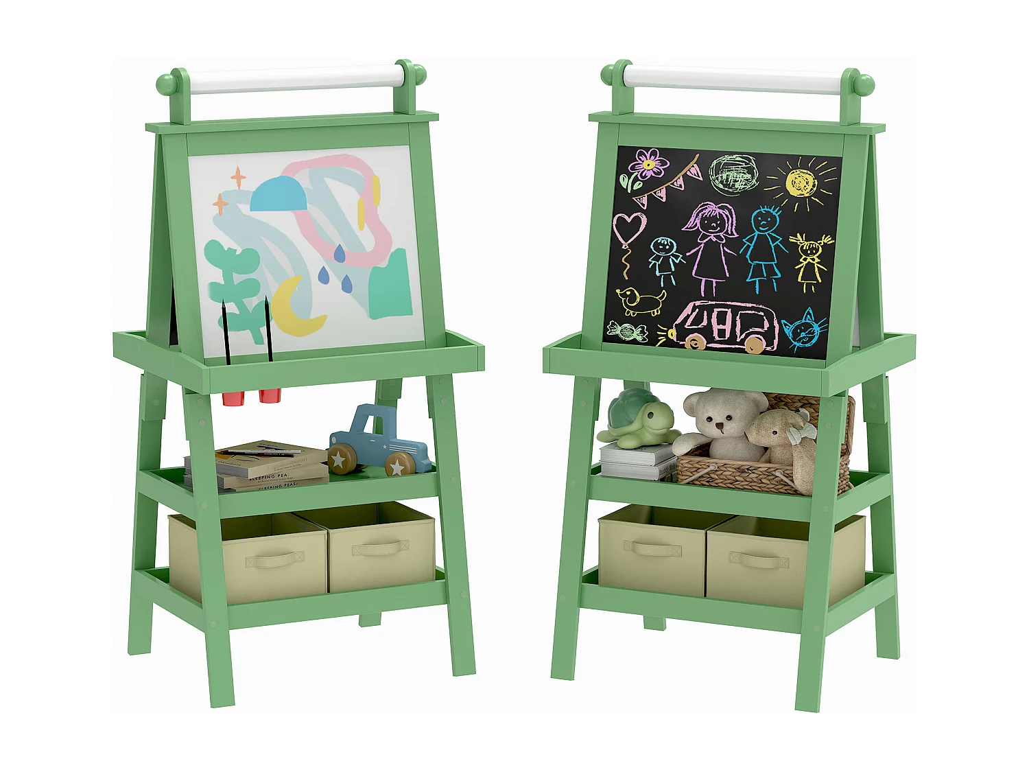 Lavagna per bambini con cavalletto in legno e rotolo di carta verde