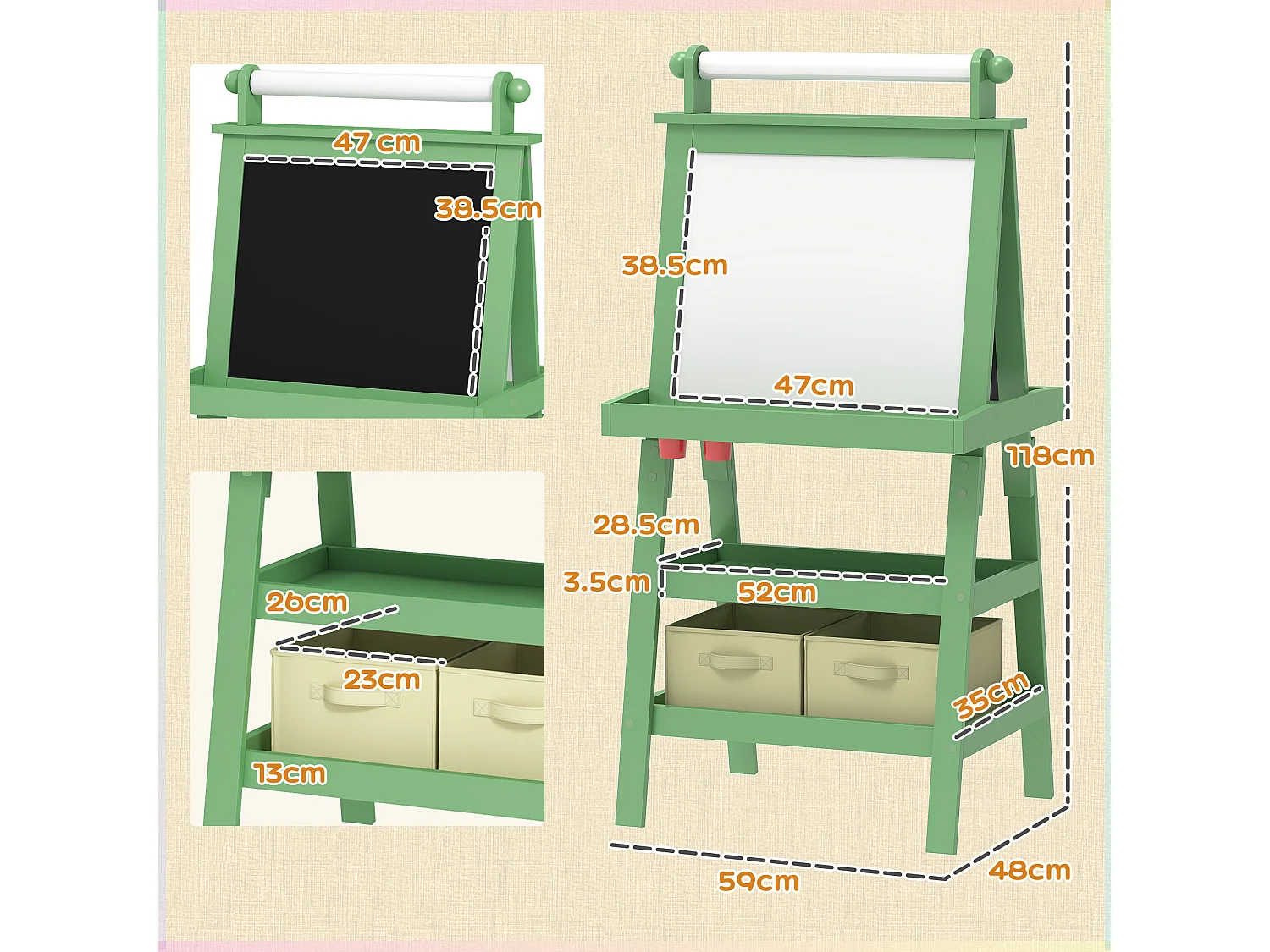 Lavagna per bambini con cavalletto in legno e rotolo di carta verde