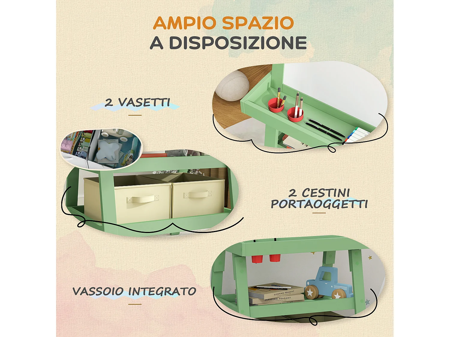 Lavagna per bambini con cavalletto in legno e rotolo di carta verde