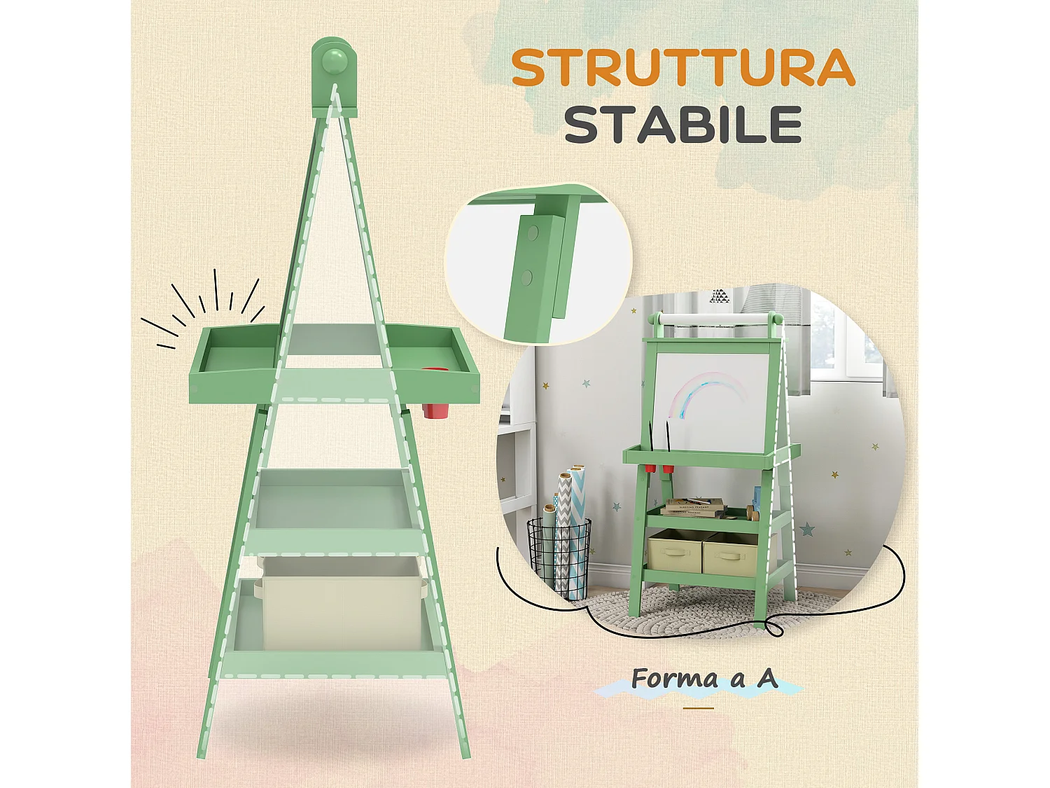 Lavagna per bambini con cavalletto in legno e rotolo di carta verde