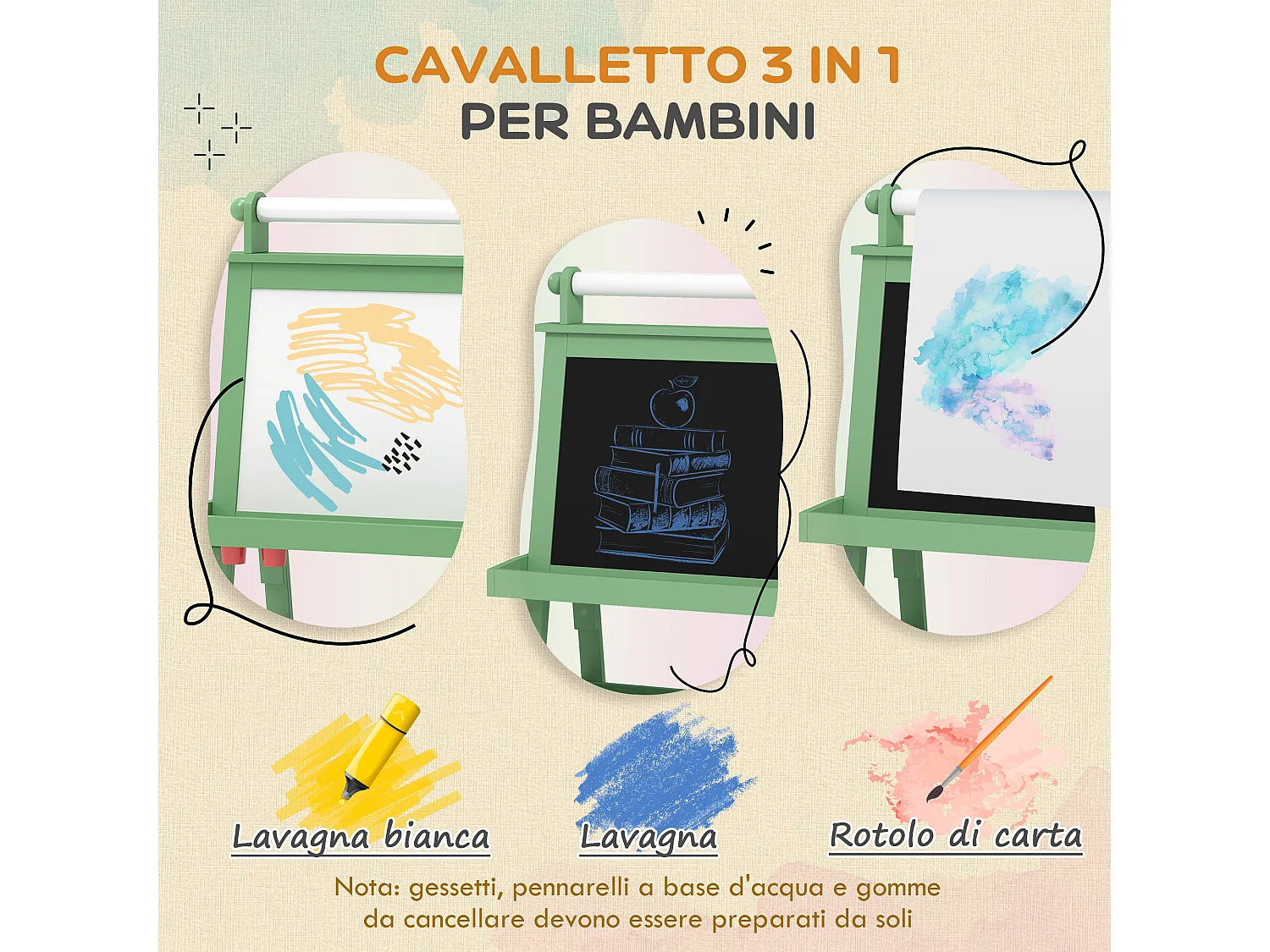 Lavagna per bambini con cavalletto in legno e rotolo di carta verde