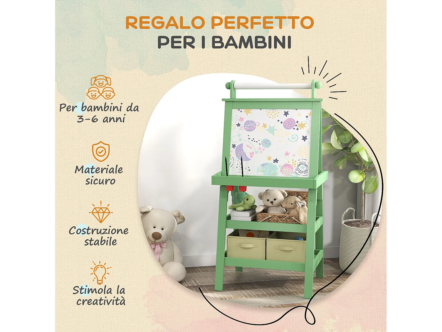 Lavagna per bambini con cavalletto in legno e rotolo di carta verde