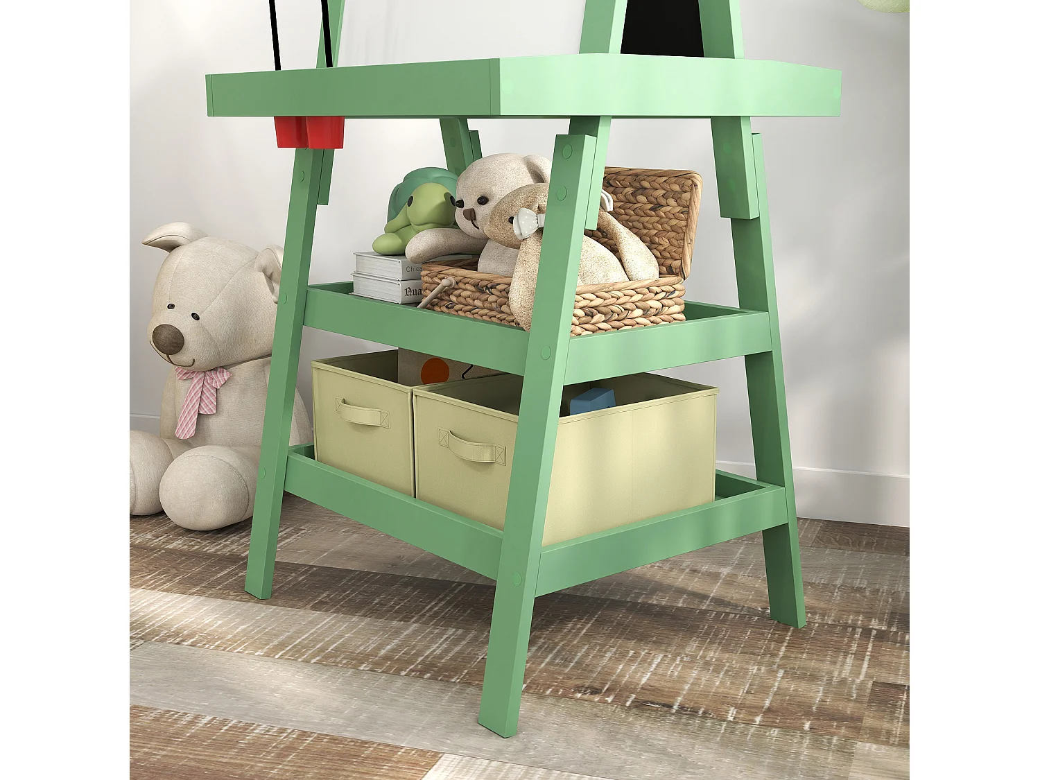 Lavagna per bambini con cavalletto in legno e rotolo di carta verde