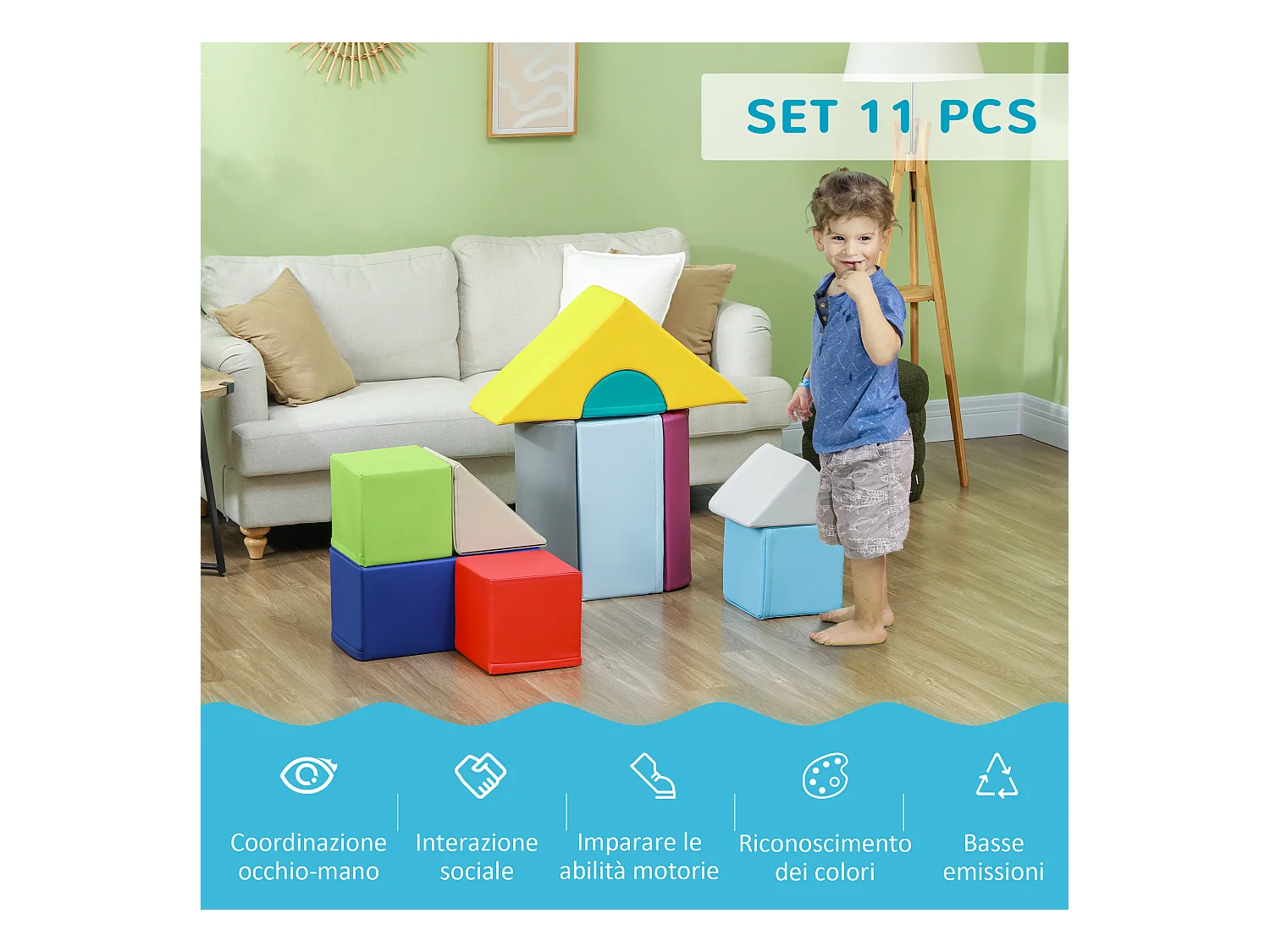 Set costruzioni morbide per bambini 1-3 anni con 11 forme multicolore