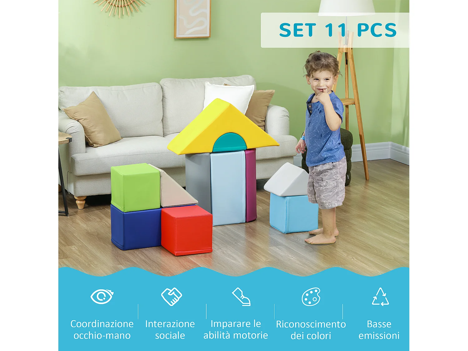Set costruzioni morbide per bambini 1-3 anni con 11 forme multicolore