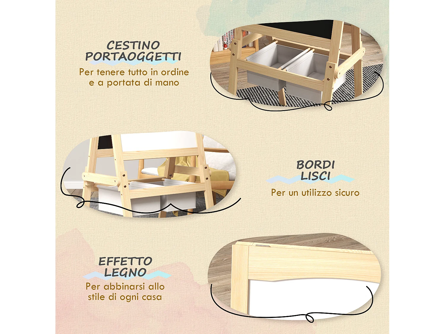 Cavalletto in legno 3in1 con lavagne per bambini 3-6 anni