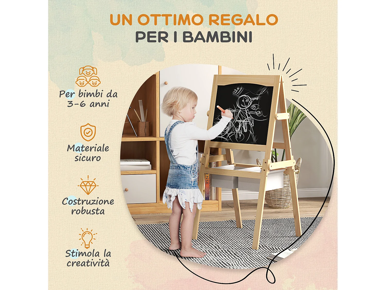 Cavalletto in legno 3in1 con lavagne per bambini 3-6 anni