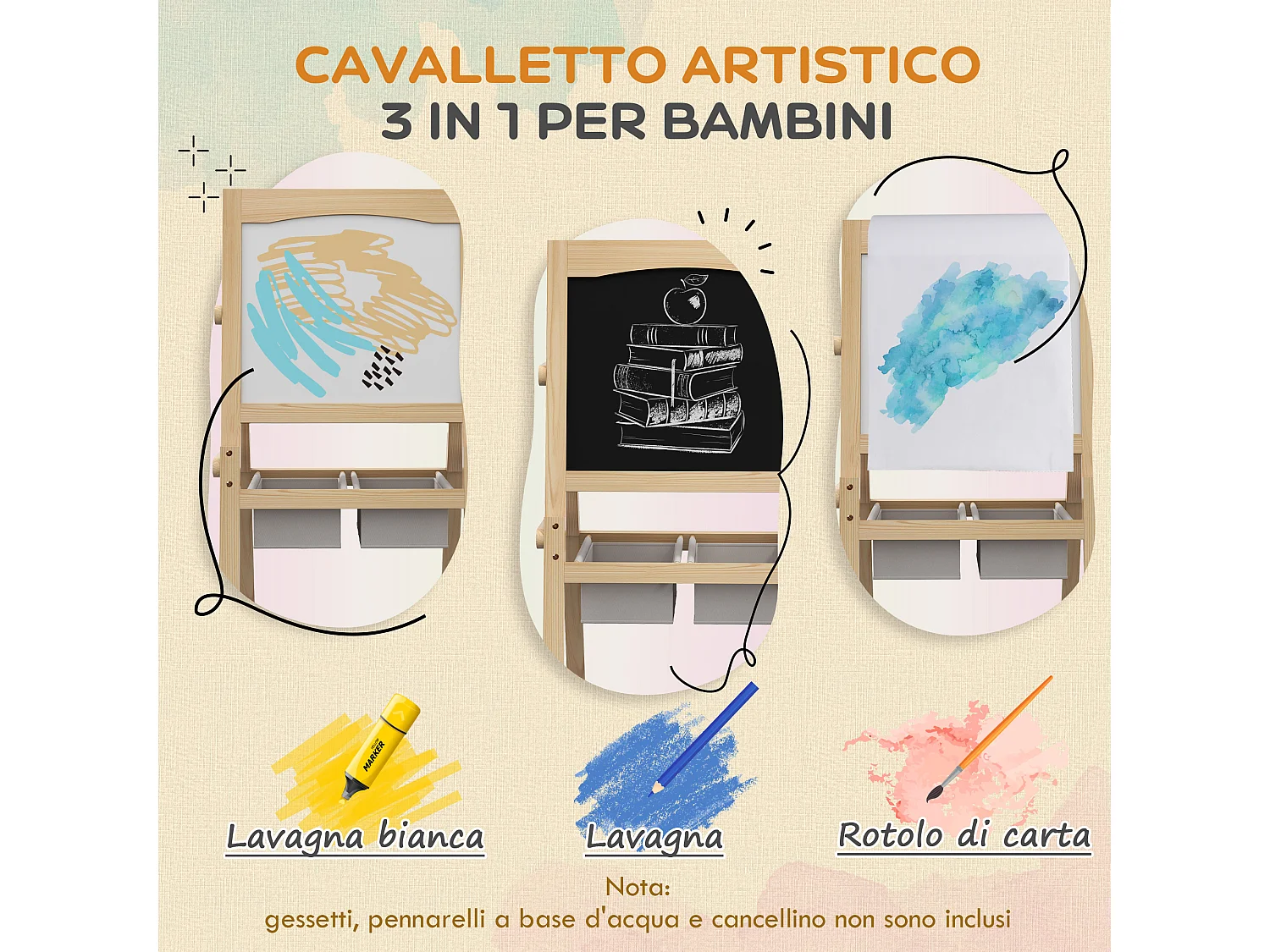 Cavalletto in legno 3in1 con lavagne per bambini 3-6 anni