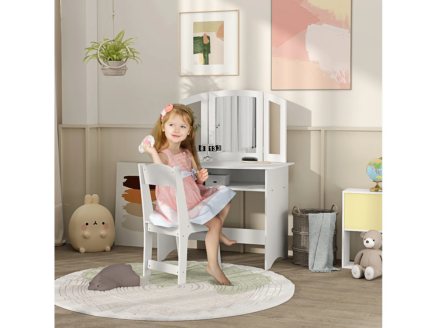 Set da trucco bambine con sedia e tavolo toeletta in legno bianco