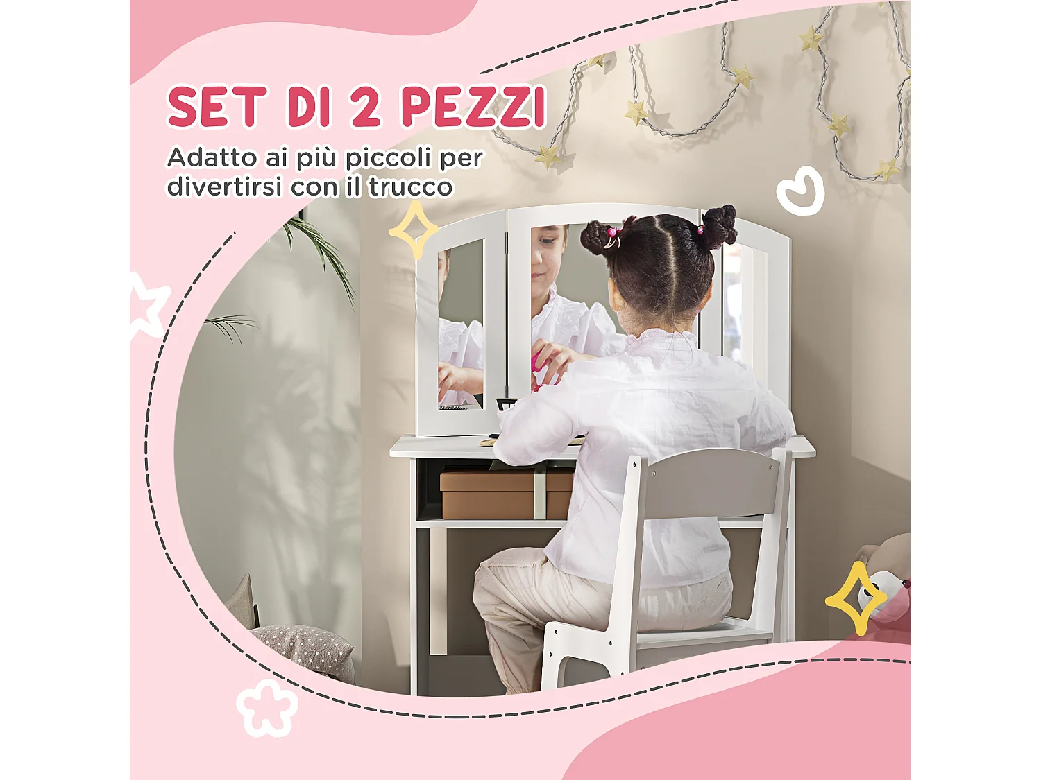 Set da trucco bambine con sedia e tavolo toeletta in legno bianco