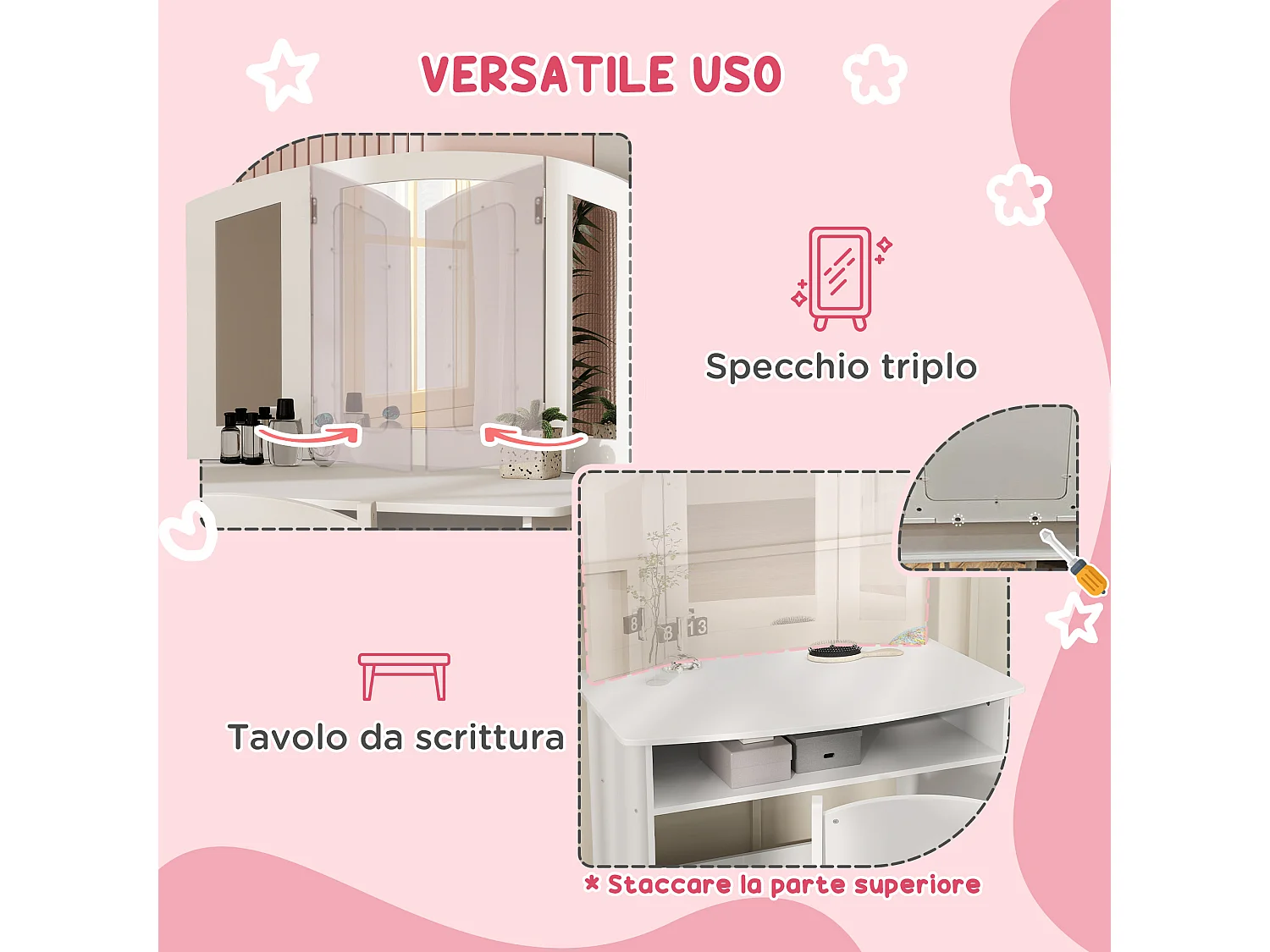 Set da trucco bambine con sedia e tavolo toeletta in legno bianco